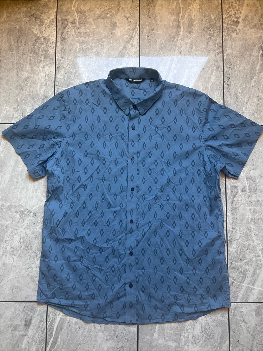 Travis Mathew Sidetracked Mens Button Up Shirt Short Sleeve Aegean Blue Geo 2XL